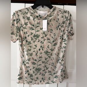 NWT A. Putnam Cream Short Sleeve Tee with Green Floral Print